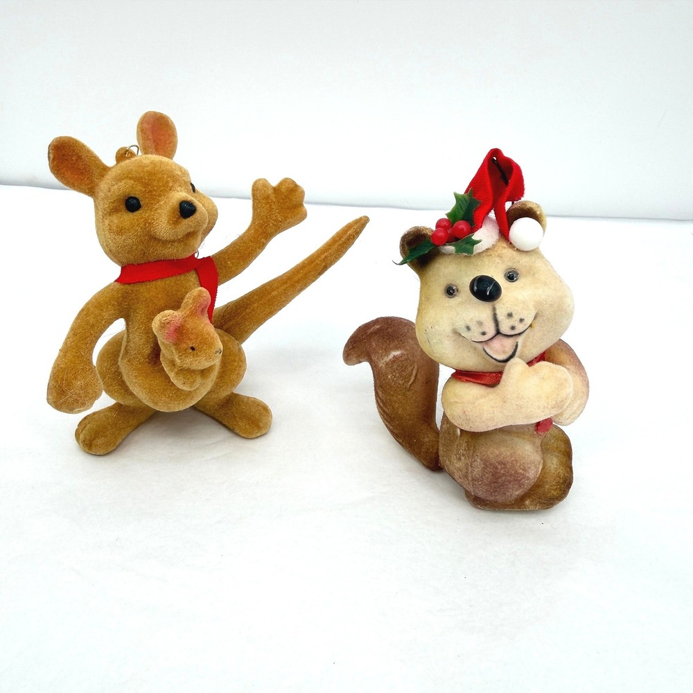 Flocked Kangaroo & Squirrel Christmas Ornaments Vintage Holiday Decor